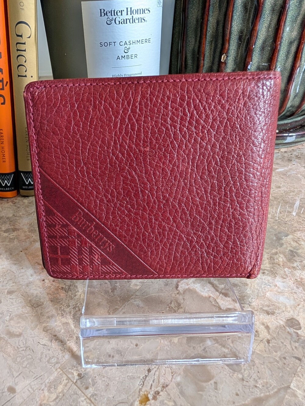 Burberry Men's Card Holder Bifold Wallet - Burgundy Leather - Picture 1 of 9